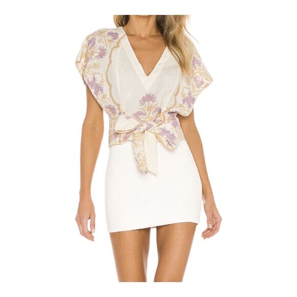 Free People Arielle Linen Blend Short Sleeve Ivory Purple Crop Top Bow Tie XS - Picture 2 of 16